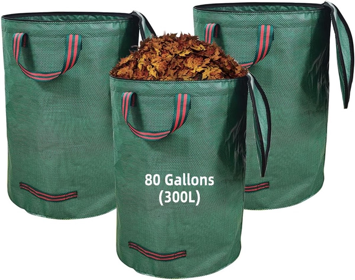 SnelShoppen - 3×300L Grote Tuinafvalzakken Stevige Waterdichte Vouwbare Herbruikbare Tuinafvalzakken met Handvatten voor Gras, Bladeren, Heg Snoeiafva