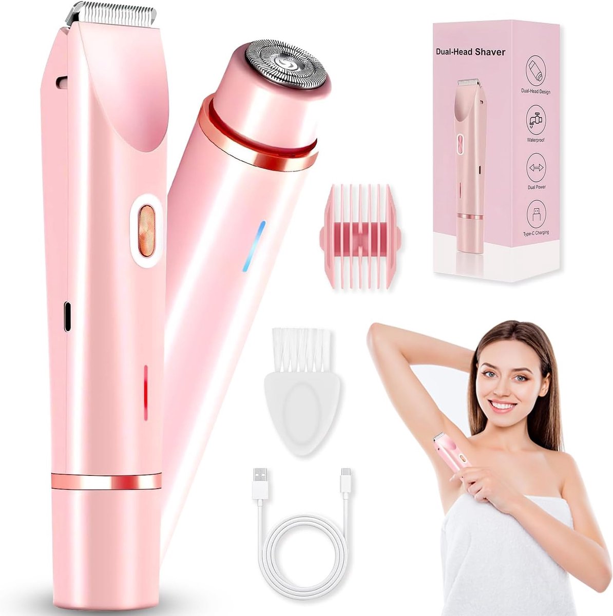 SnelShoppen - Intieme Scheermachine voor Vrouwen, 2-in-1 Elektrisch Scheerapparaat met Dubbele Kop, Bikini Trimmer, Voor Gevoelige Zones, Scheermachin