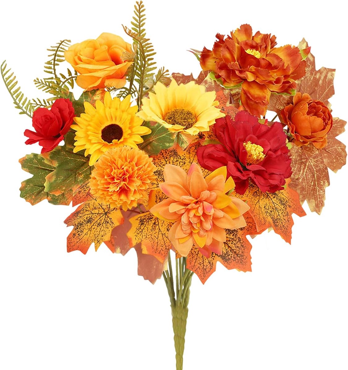 SnelShoppen - 3 Stuks Kunstmatige Herfstbloemen 35 cm - Levendige Zonnebloemen, Rozen en Esdoornbladeren - Perfect voor Verjaardagen, Halloween, Bruil