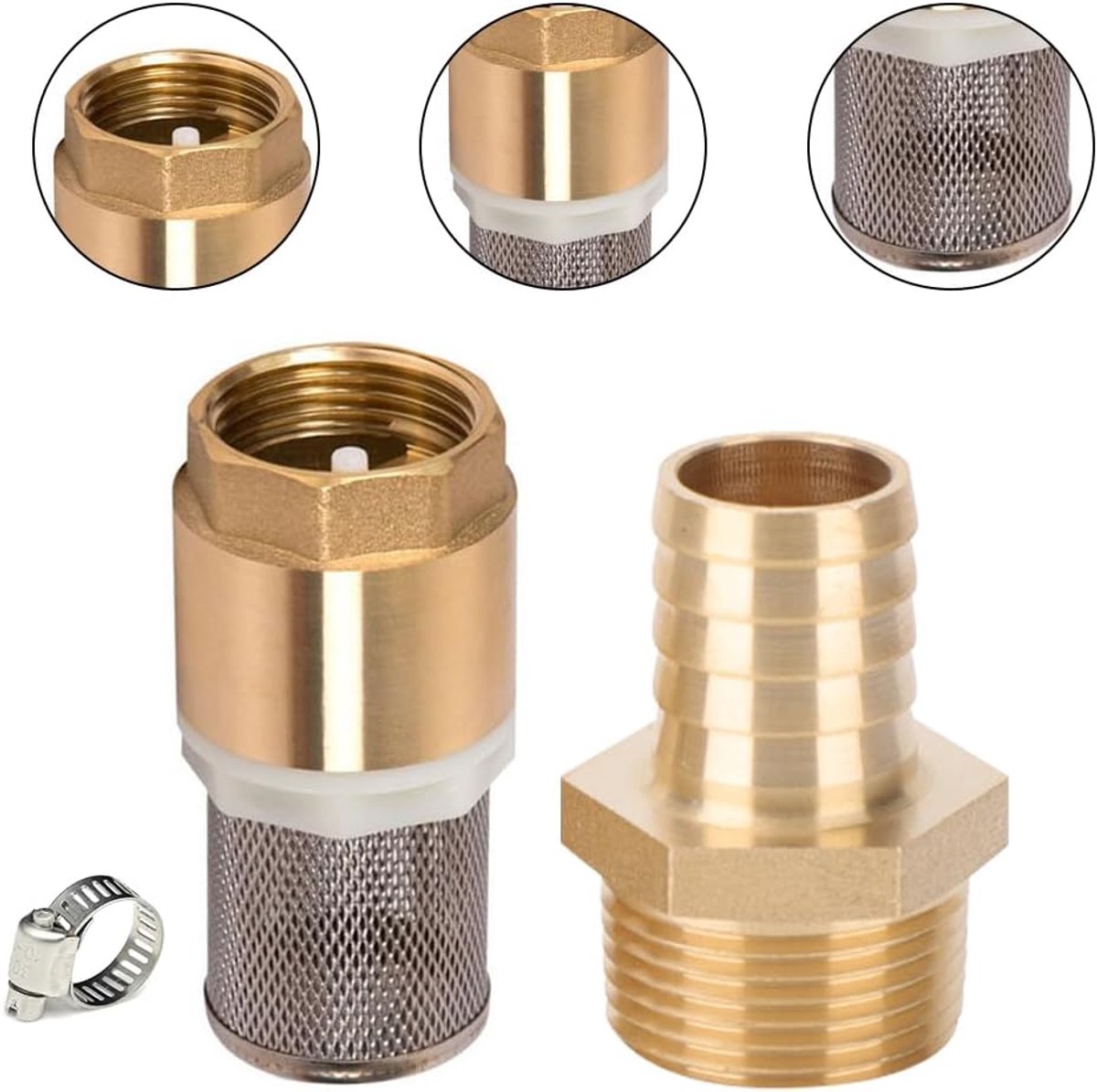 SnelShoppen - 1 Inch Messing Voetklep Set met Terugslagklep, Suction Filter, Slangaansluiting en Slangklem voor Tuin en Watercirculatie