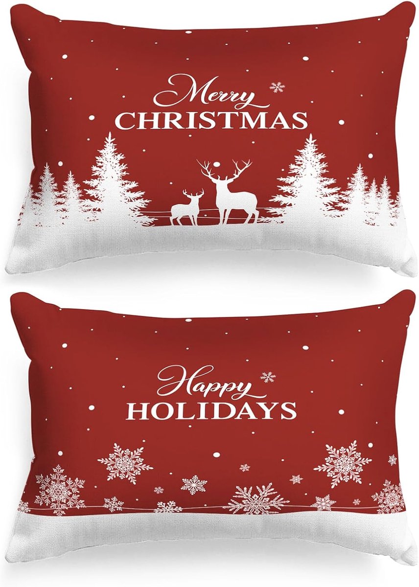Kussenhoezen Kerst 40 x 61 cm - 2 Stuks - Katoenlinnen - Sneeuwvlok en Eland Motief - Sfeervolle Kerstdecoratie - ShopVlot
