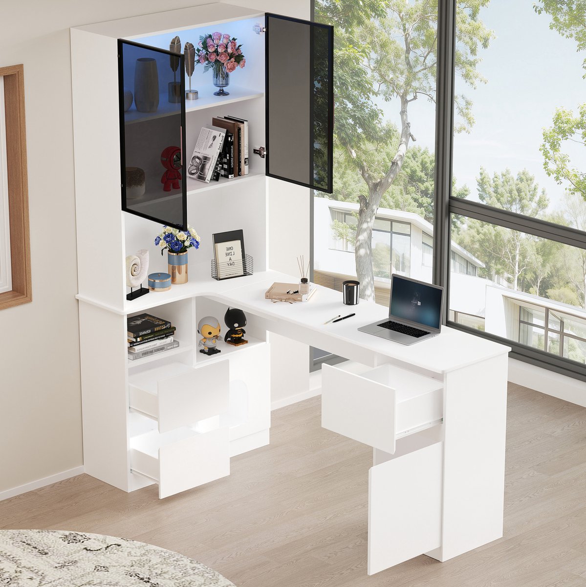 COVREO Hoekbureau 120x80x180 cm wit, MDF met LED en opbergruimte