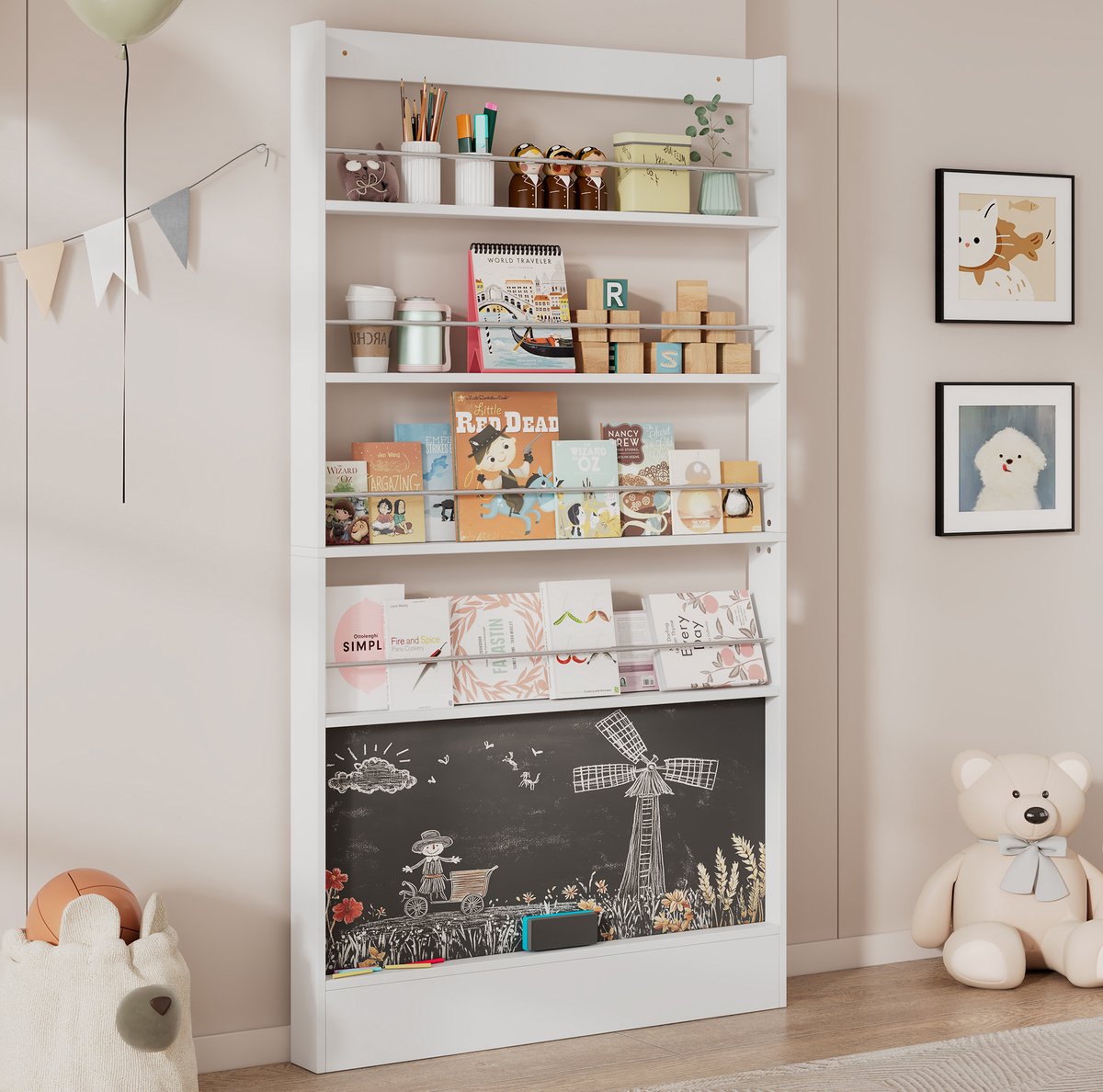 COVREO Boekenkast 100 x 10 x 180 cm wit, MDF en metaal, 4 planken en schrijfbord