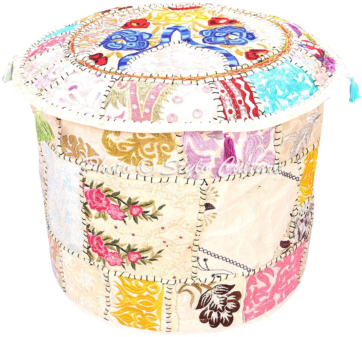 Omgoods - Traditionele Ronde Ottoman Pouf Cover - Handgemaakt met Indische Borduursels