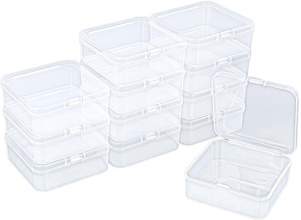 Omgoods- Opbergdozen 12 stuks - Doorzichtige Plastic Dozen - Klapdeksels - Vierkant - 85 x 85 x 35 mm - Duurzaam Ontwerp - Opbergcontainers