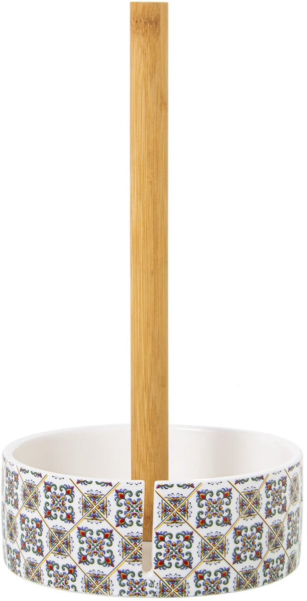 Omgoods - Houten Rolhouder met Keramische Onderkant 14 x 32 cm