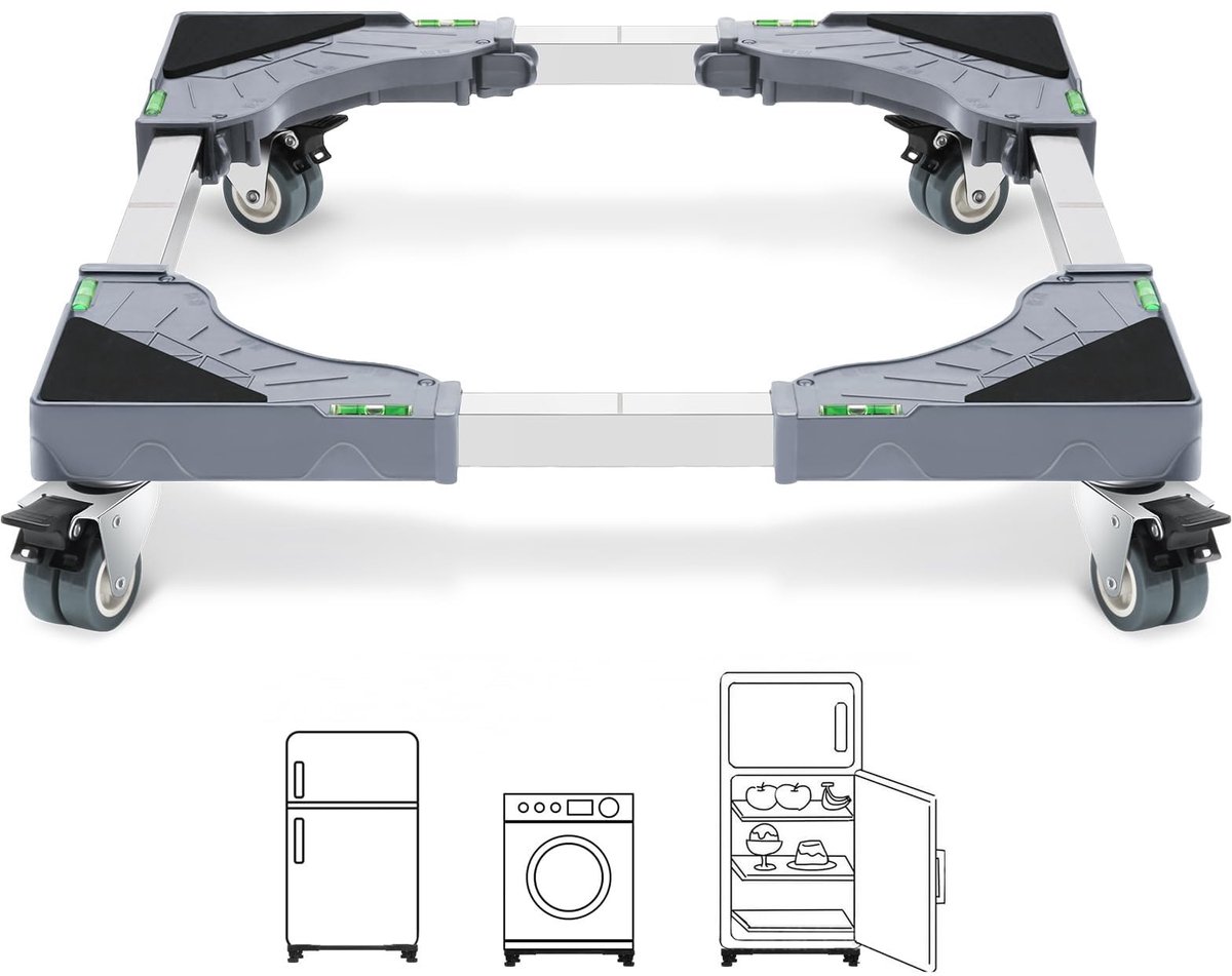 Omgoods- Wasmachinestandaard 200KG - Verstelbare Breedte 40-62cm - Hoogte 11cm - 4 Vergrendelbare Wielen - Trolley voor Wasmachine/Droger - Meubelroller