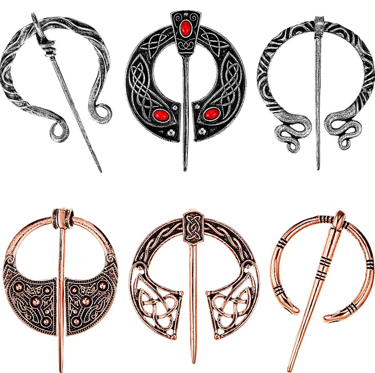 Omgoods - 6 Vintage Viking Broches voor Mantel en Sjaal - Antiek Zilver en Roze Goud