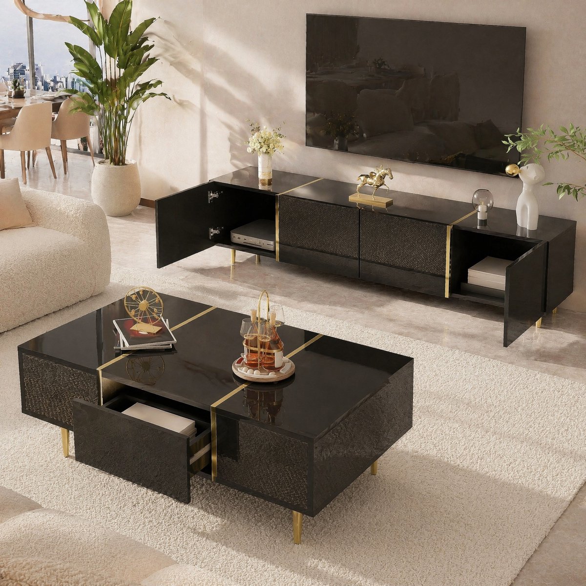 COVREO Salontafel 100x60 cm zwart, MDF met 2 lades en hoogglans