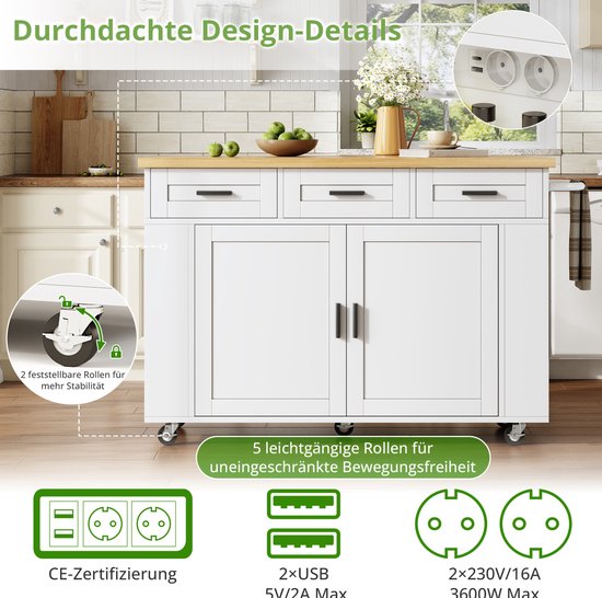 FloraGrace Buitenkeuken - Mobiele Keukeneiland Met Klapbaar Werkblad En Stopcontact - Opbergruimte Op Wielen - MDF - 120x70x84 Cm - Naturel Wit — afbeelding 2