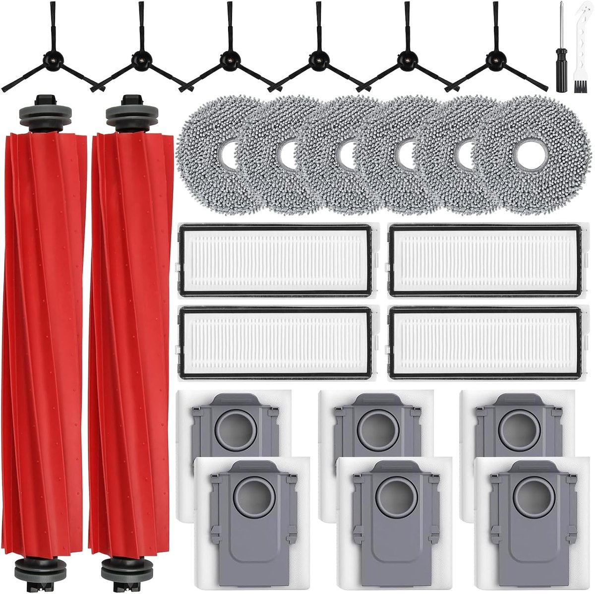 26 stuks accessoireset voor Roborock Qrevo S/Qrevo Pro/Qrevo MaxV robotstofzuiger met 2 hoofdborstels, 6 wisdoeken, 4 HEPA-filters, 6 stofzakken, 6 zijborstels, 1 reinigingsborstel, 1 schroevendraaier