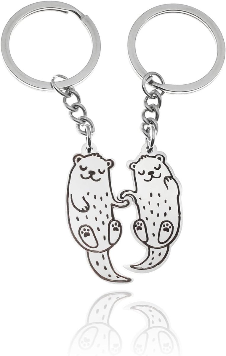 Otter sleutelhangers, 2 stuks, metaal, schattige dieren, sleutelhanger, Oters Cartoon voor vrienden en paren, als autosleutelhanger, tas, accessoires, geschenken (zilver), zilver, 1