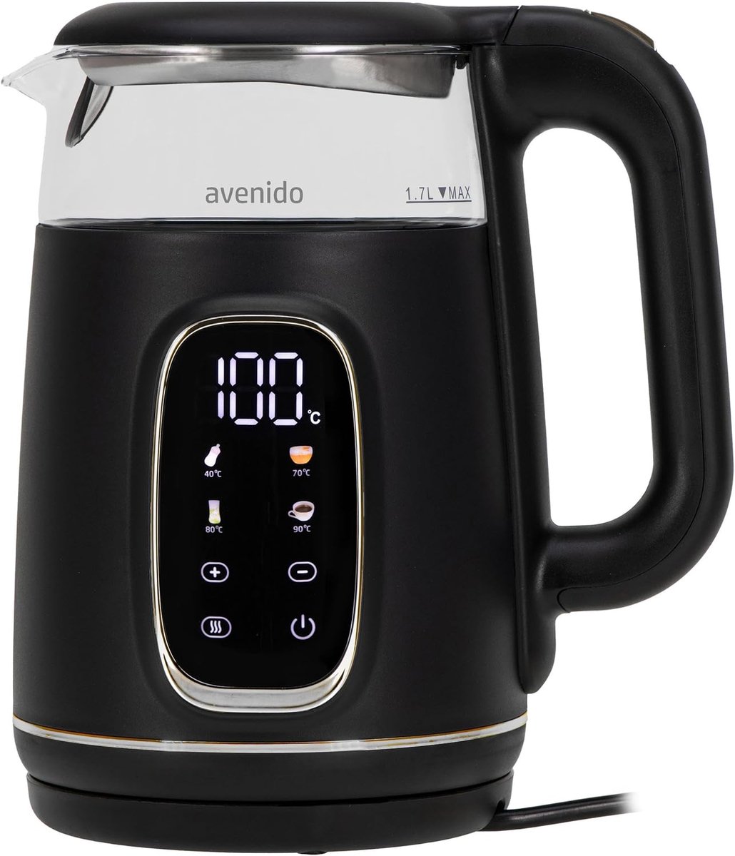 SnelShoppen - Elektrische Waterkoker met Temperatuurinstelling, 2200 W Vermogen, 1,7 L Inhoud, Warmhoudfunctie 2 Uur, Glas en Kunststof, Zwart-Zilver