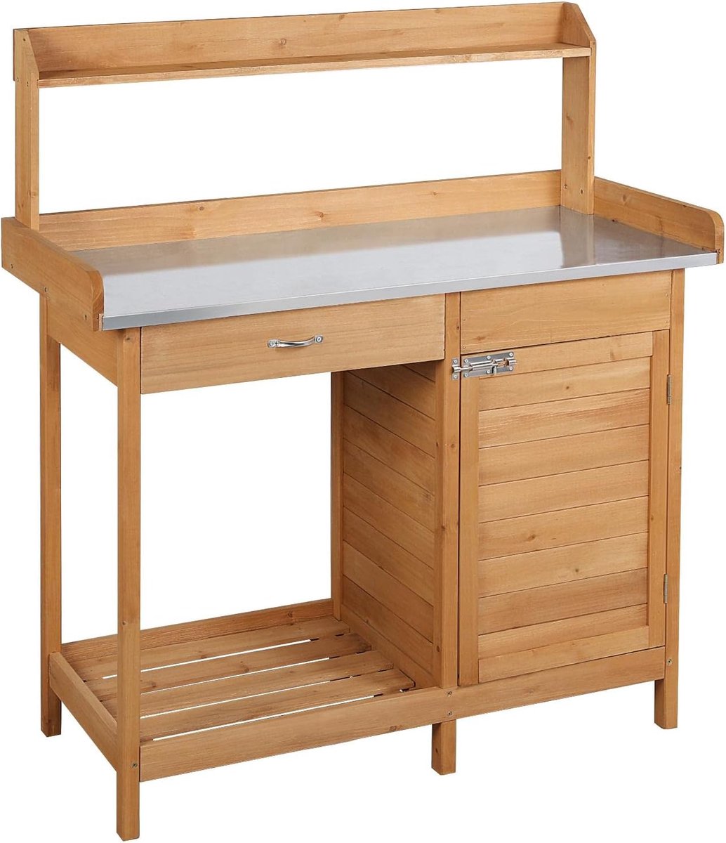 SnelShoppen - Tuin Tafel 101 x 46 x 125 cm Plant Tafel met Gegalvaniseerd Werkblad, Lade en Kasten, Houten Bloementafel, Lichtbruin, Tuinwerk Tafel vo