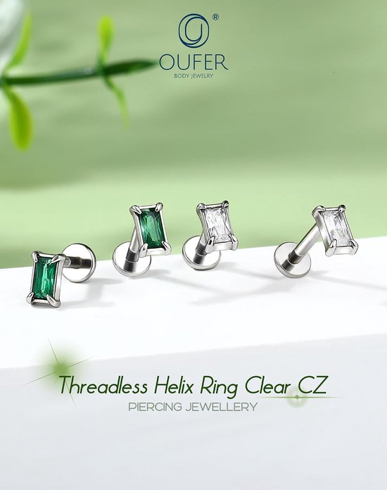 16G Sieraden Helix Zonder Draad Chirurgisch Staal 316L Oorpiercing Kraakbeen Transparant/Groen Rechthoek CZ Oorbel Tragus Lip Stud voor Vrouwen 6/8 mm — afbeelding 4