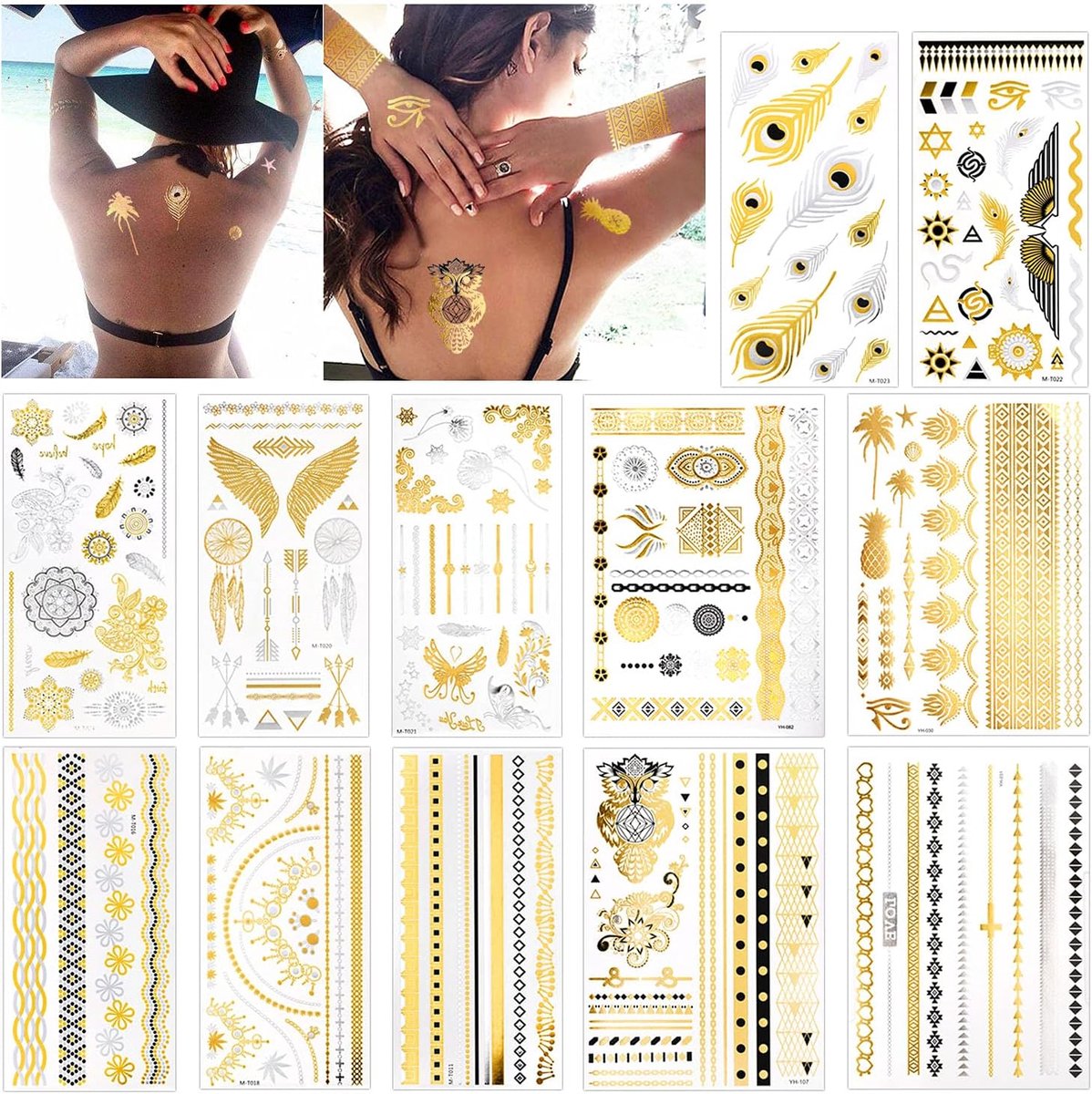 Tijdelijke tatoeages, 150+ glans ontwerpen zwart zilvergoud tijdelijke tattoo sieraden tatoeages flits nep waterdichte tattoo -overdrachtstickers voor vrouwelijke meisjes lichaamskunst