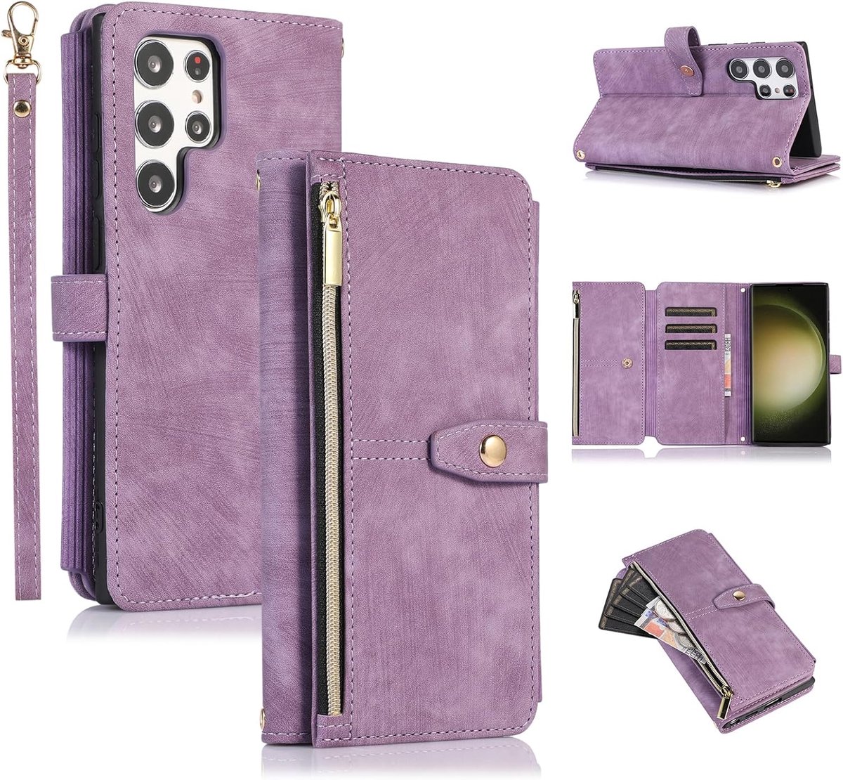 Hoes voor Samsung Galaxy S26 Ultra 5G, 9 kaartvakken, retro lederen portemonnee, schokbestendig, flip case met handlus, standfunctie, ritssluiting, telefoonhoes met magneetsluiting, wallet case