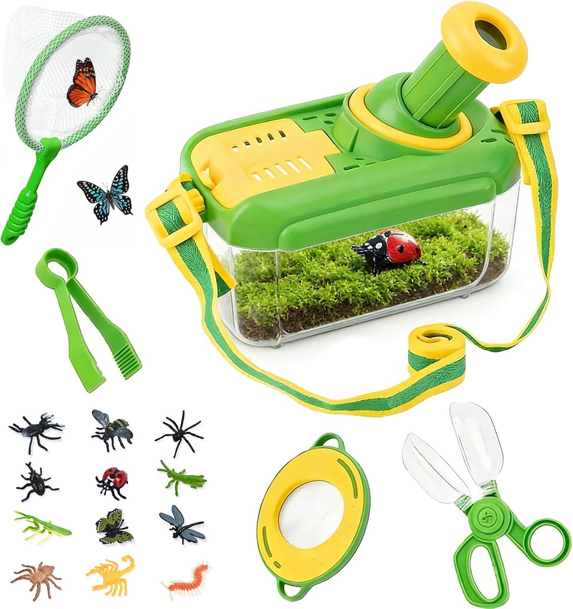 SnelShoppen - Onderzoeksset voor Kinderen vanaf 4 Jaar met Insecten Observatiebox, Vlindernetje, 12 Nep-insecten, Vergrootglas, Insecten Vanger, Cadea