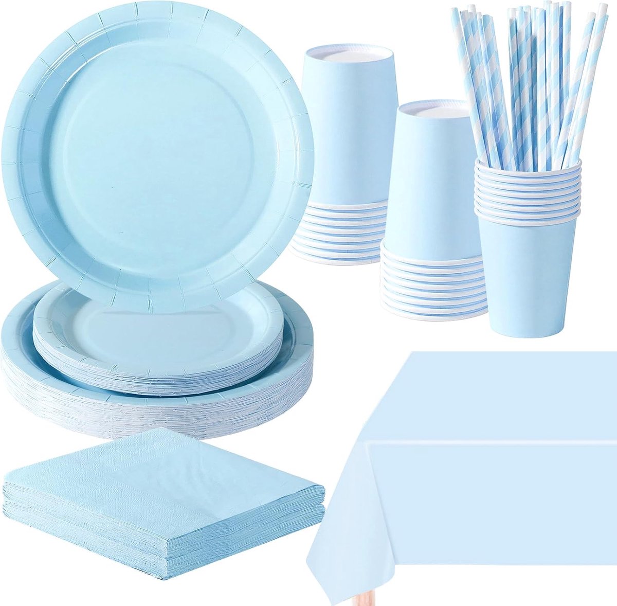 121 stuks Morandi Blauw Party Servies Set, Papieren Borden Bekers Servetten Tafelkleed, Servies Set voor Kinderen Volwassen Verjaardag, Bruiloft, Baby Shower Party Servies