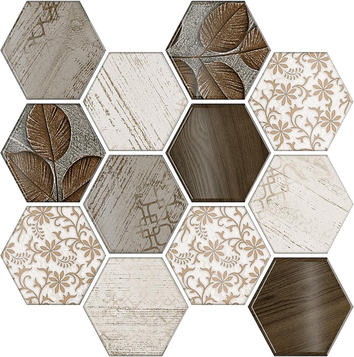 Tegelstickers, houtlook, bruin, zeshoekige plaktegels, keuken, tegelfolie, badkamer, waterbestendig, keukentegels, overplakken, zelfklevende tegels, hout, plakfolie, tegellook, 30,5 cm x 30,5