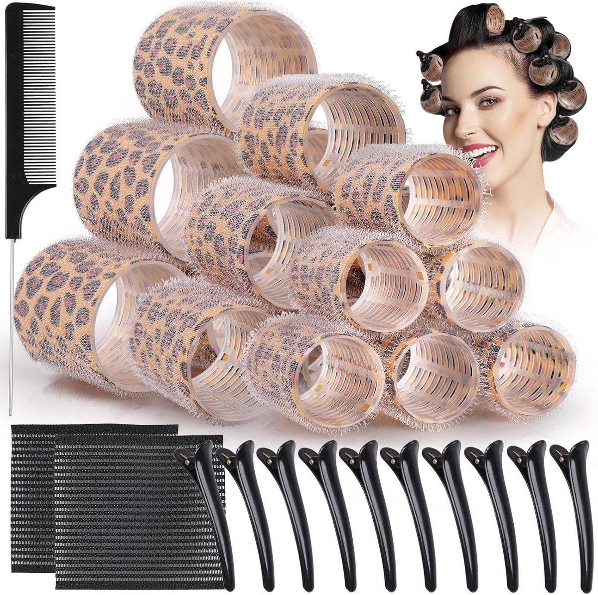 Krulspelden voor haarstyling, 18 zelfklevende krulspelden + 12 haarklemmen + 2 magische bangsangs + kam om zelf te maken, krulspelden voor lang / kort haar / kapper (diameter 4,4