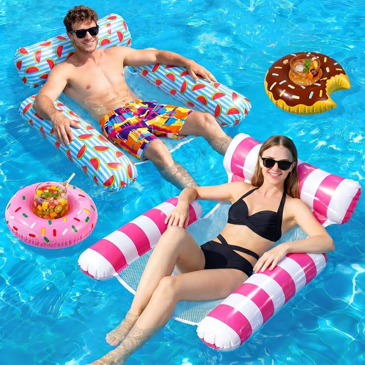 Opblaasbare Waterhangmat - PVC - 2 Stuks - Met Armleuningen, Rugleuning en Bekerhouders