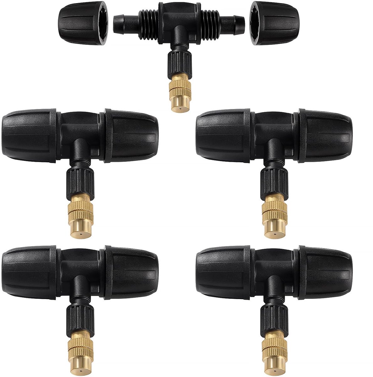5 Stuks Drievoudige Verstuivingssproeikop voor 8/12 mm Druppelslangen, Verstelbare Messing Verneveling Spray met T-connector Druppelirrigatie Accessoires, voor Tuin, Gazon