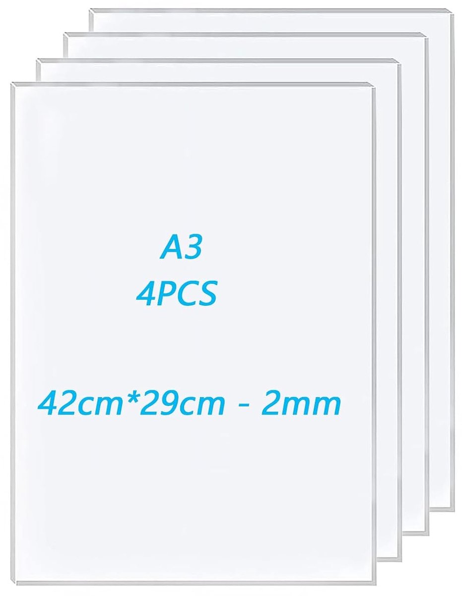 4 stuks A3 acrylplaat, 42 x 29 cm, transparante kunststof acrylplaat, A3, 2 mm dik, transparante kunststof plaat, acrylplaten voor decoratie, display, fotolijst, schilderij