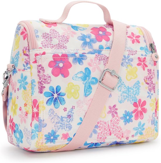 Wit lunchtasje met bloemenprint in roze, blauw, geel, paars. Roze accenten, hengsel en schouderband.