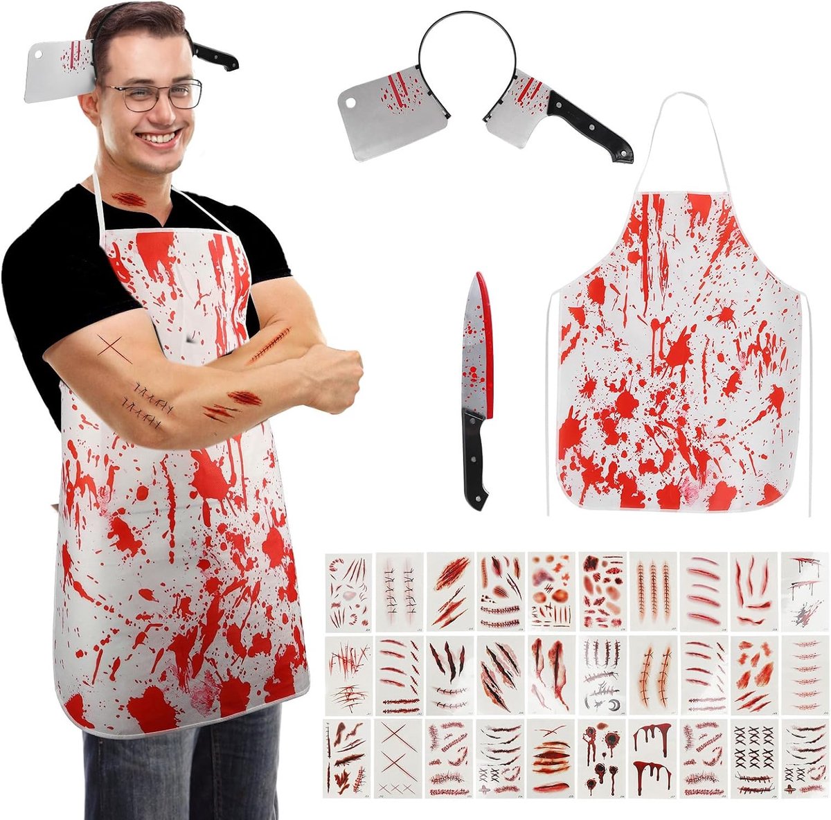 Halloweenkostuum, Bloederig Schort, Zombiekostuum, met Halloweenschort, Griezelige Plastic Hoofdband, Tijdelijke Tatoeages, Bloederig Wapen