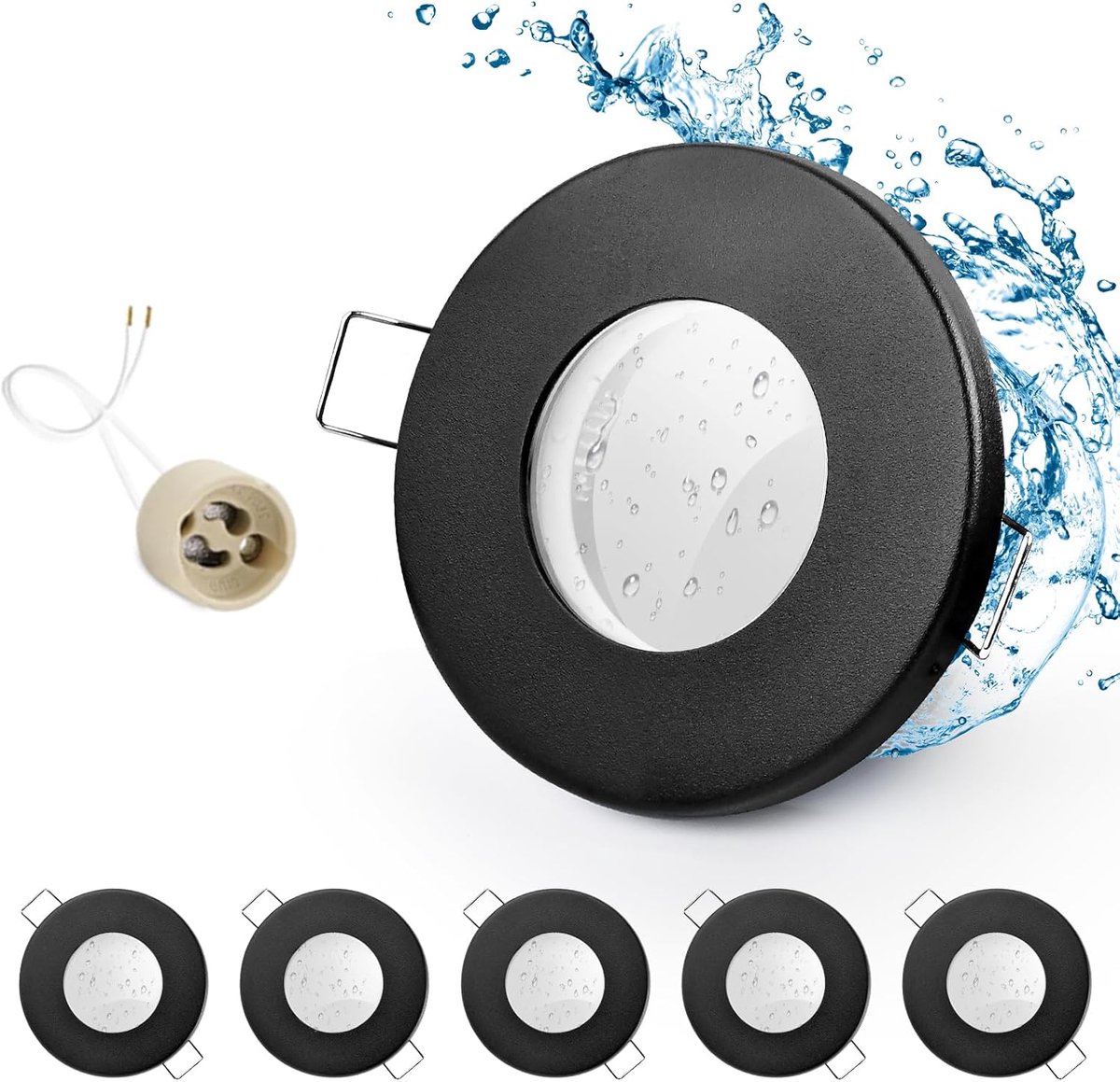6 x Led-inbouwspot IP65 inclusief GU10 houder, draaibaar LED-spot, ijzer, mat zwart, badkamer inbouwrames, rond vlak, inbouwspots, gatmaat 68 mm voor buiten - binnengebieden.