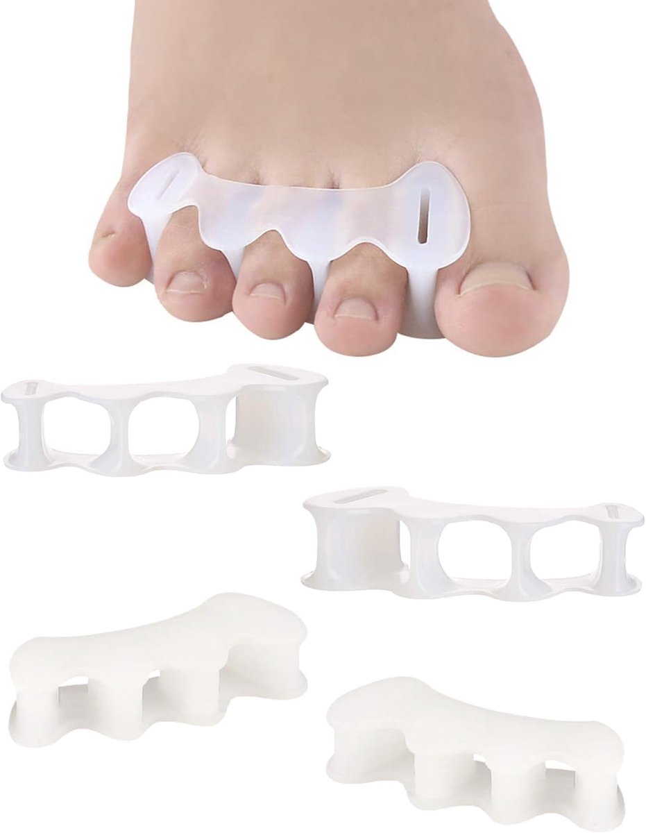 2 paar bunion teenscheiders, siliconen teenafstandhouders voor voeten, vrouwen en mannen om hun tenen te corrigeren, gel teenspreiders teenrichter voor hamerteen, gekruld (S, 2 stevig + 2 zacht
