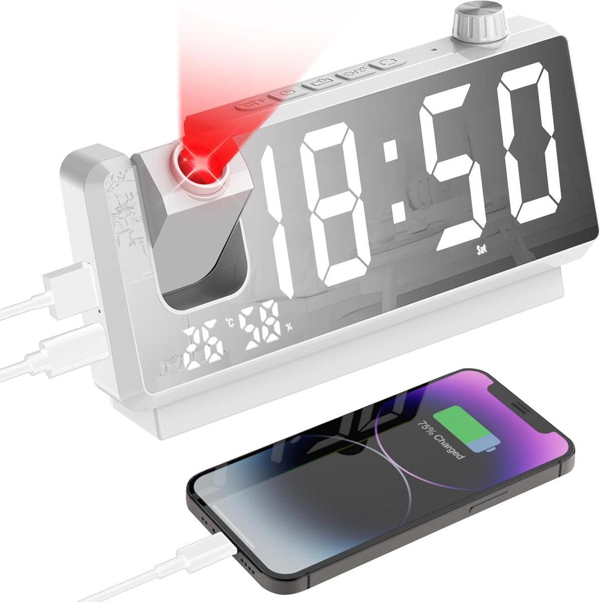 Projectiewekker, digitale wekker, nachtkastje met groot 7 inch led-display, 180° projector, dubbele USB-poort, snooze, temperatuur en vochtigheid, 3 niveaus helderheid, 12/24 uur, dubbele