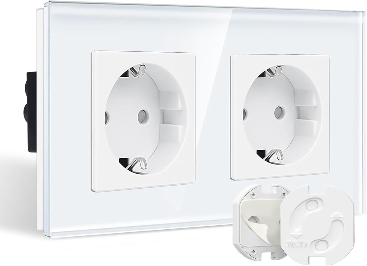 Glazen dubbel inbouwstopcontact, wit, stekkerbescherming, kinderbeveiliging met draaimechanisme, dubbel Schuko-stopcontact, geaard stopcontact, wandcontactdoos met glazen frame