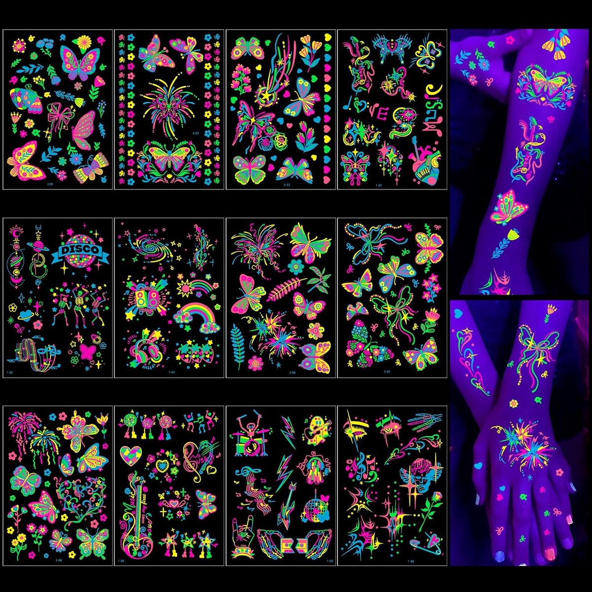 Set van 12 glanzende UV-bladen voor tijdelijke tatoeages Neon Muziek Bloem Vlinder Fluorescent Flash Valse Tattoos voor Vrouwen Lichaamskunst Rave Festival Decoraties