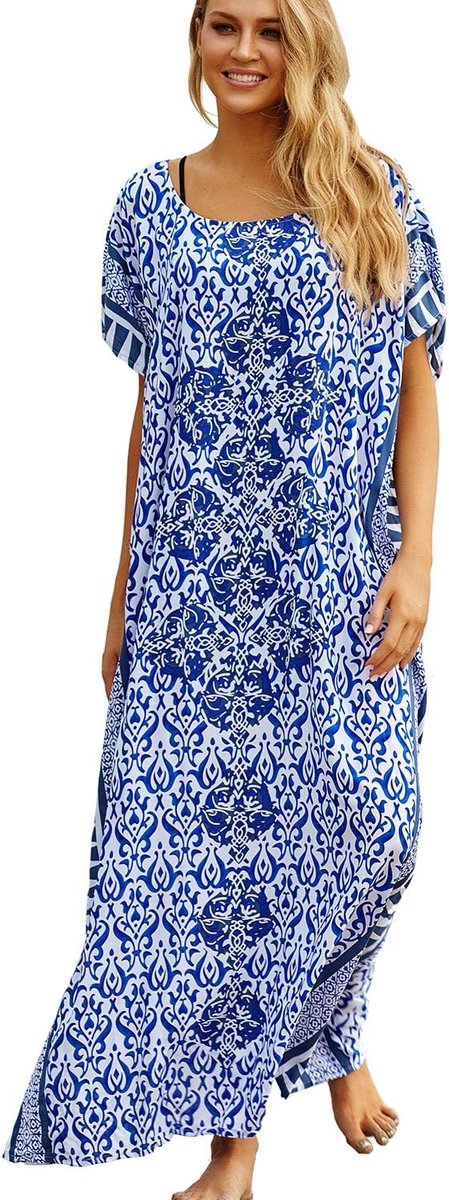 Kaftan voor dames, katoen, print, kimono, bedekkende losse strandjurk, maxi-jurk, Blauw porselein, Eén maat