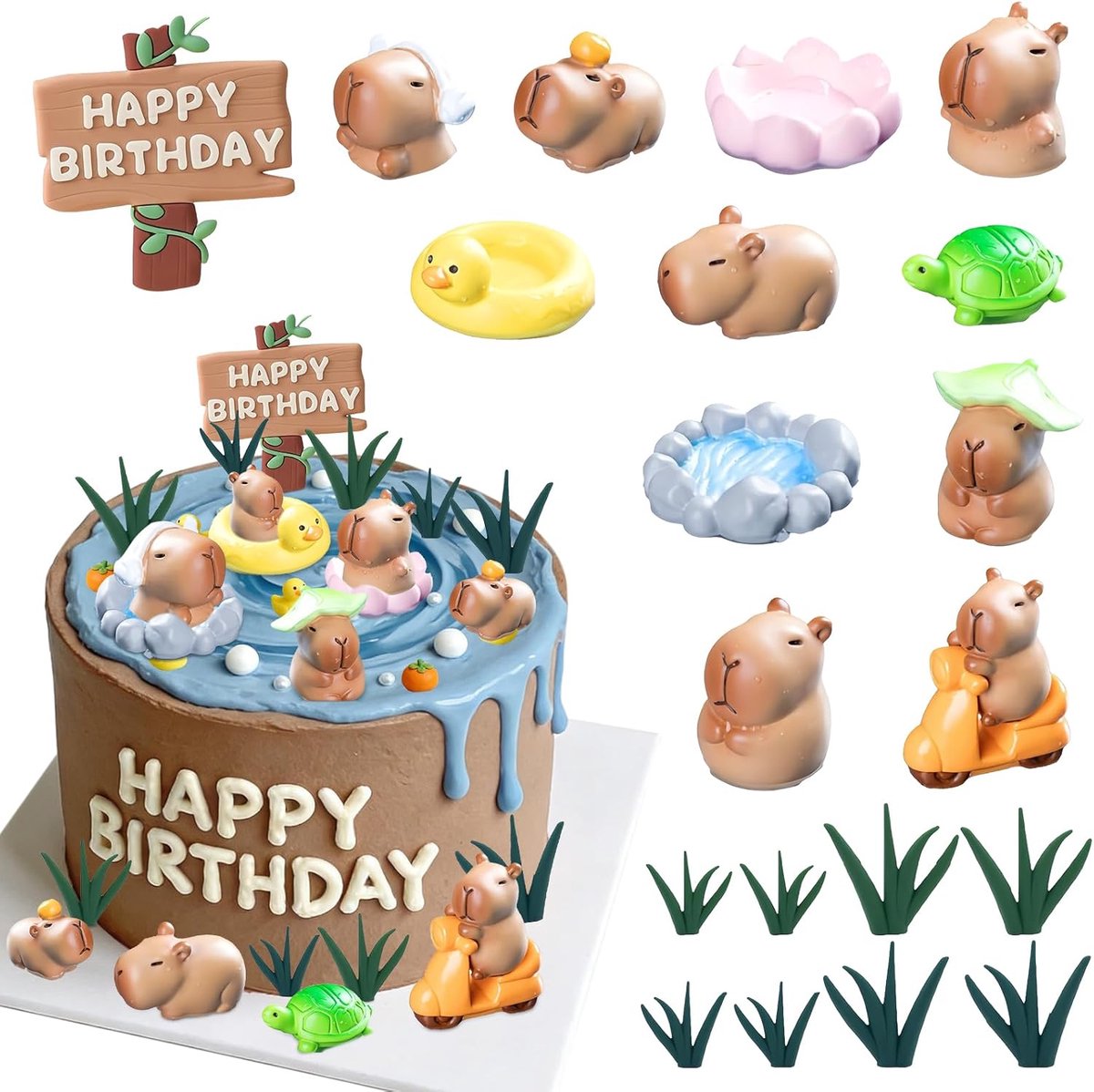 Taartdecoratie Capybara Happy Birthday taartdecoratie, mini-schattige bloemen, bladeren, eenden, vijver, watervarken, decoratieve verjaardagsornamenten voor verjaardagstaart, babyshower