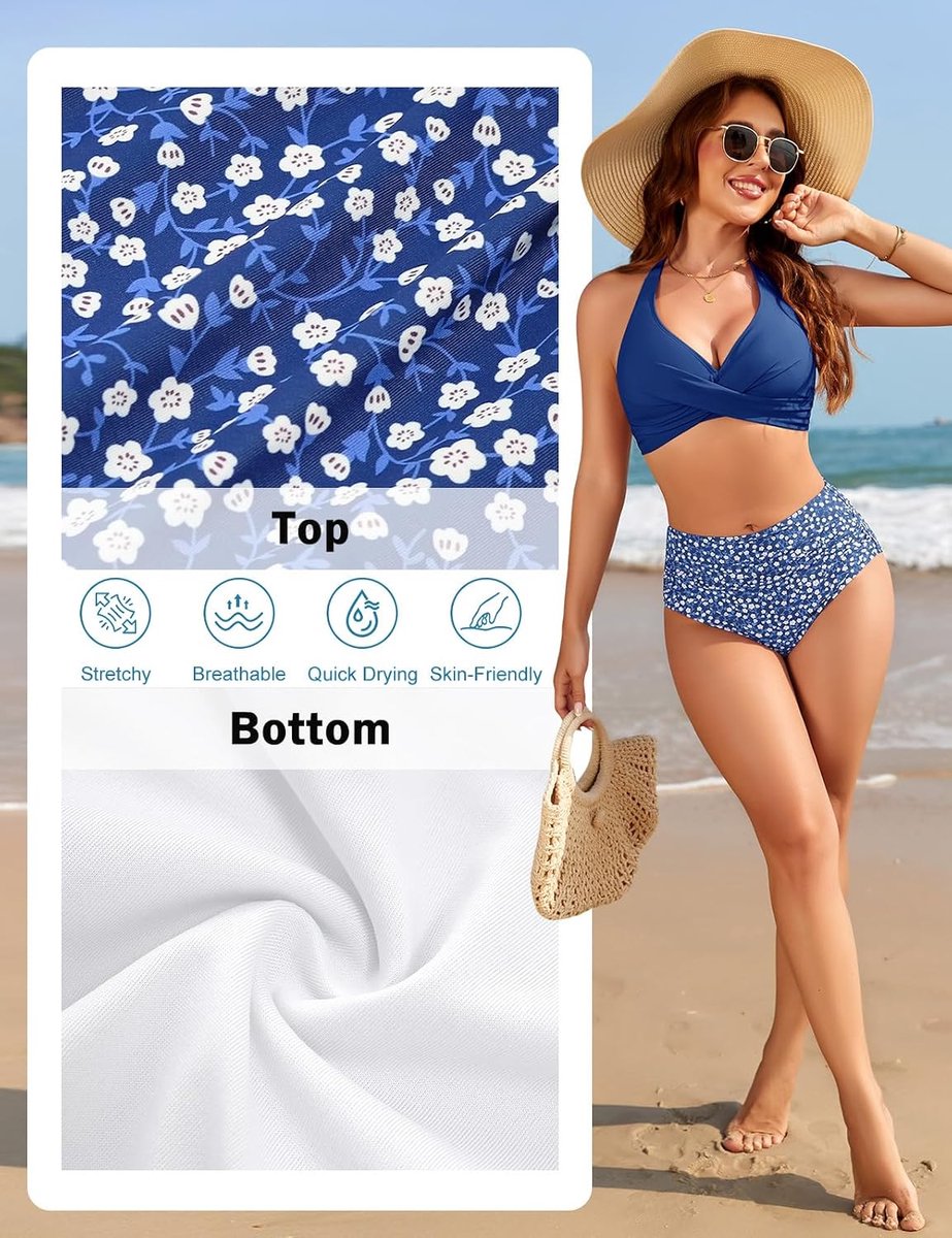 Bikini voor dames, hoge taille, badpak, 2-delig, plooien, buikcontrole, V-hals, sexy bandjes, halterdesign, mini-bloemen, bikiniset