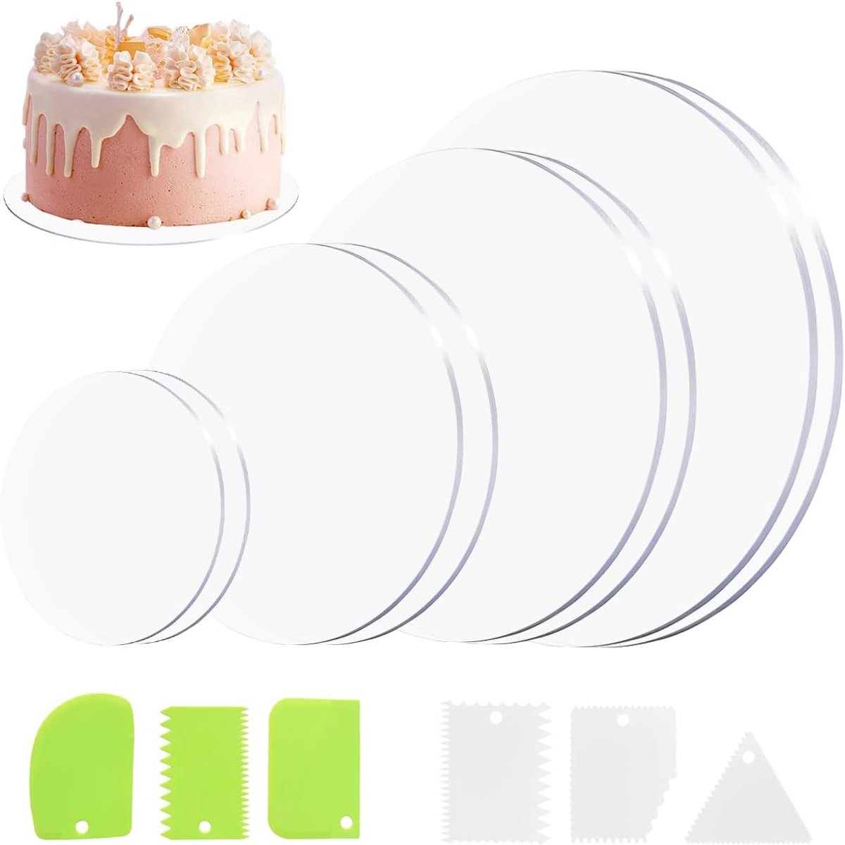 8 Stuks Taartplaat Van Acryl, 10/15/18/20 cm Transparante Taartonderlegger | met 6 Taartschrapers, 2 mm Herbruikbaar Ronde Taartplateaus, Antiaanbaklaag Acryl Taartbord voor het Serveren Van Taarten