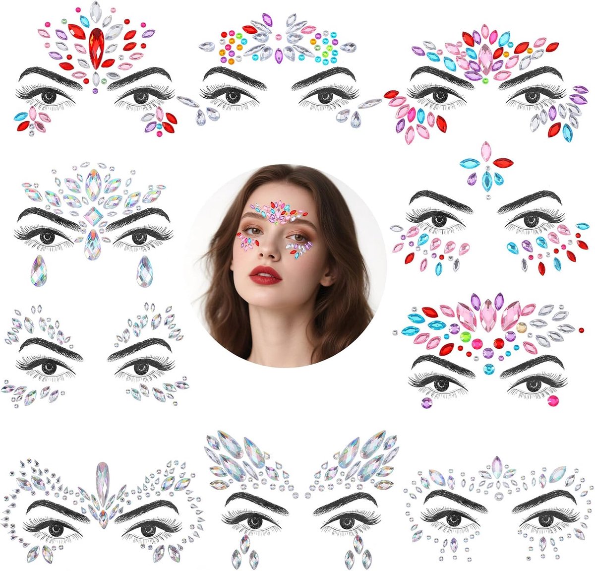 10 stuks glitterstenen voor gezicht, festival, zelfklevende strassteentjes, tijdelijke tatoeages voor carnaval, party, make-up