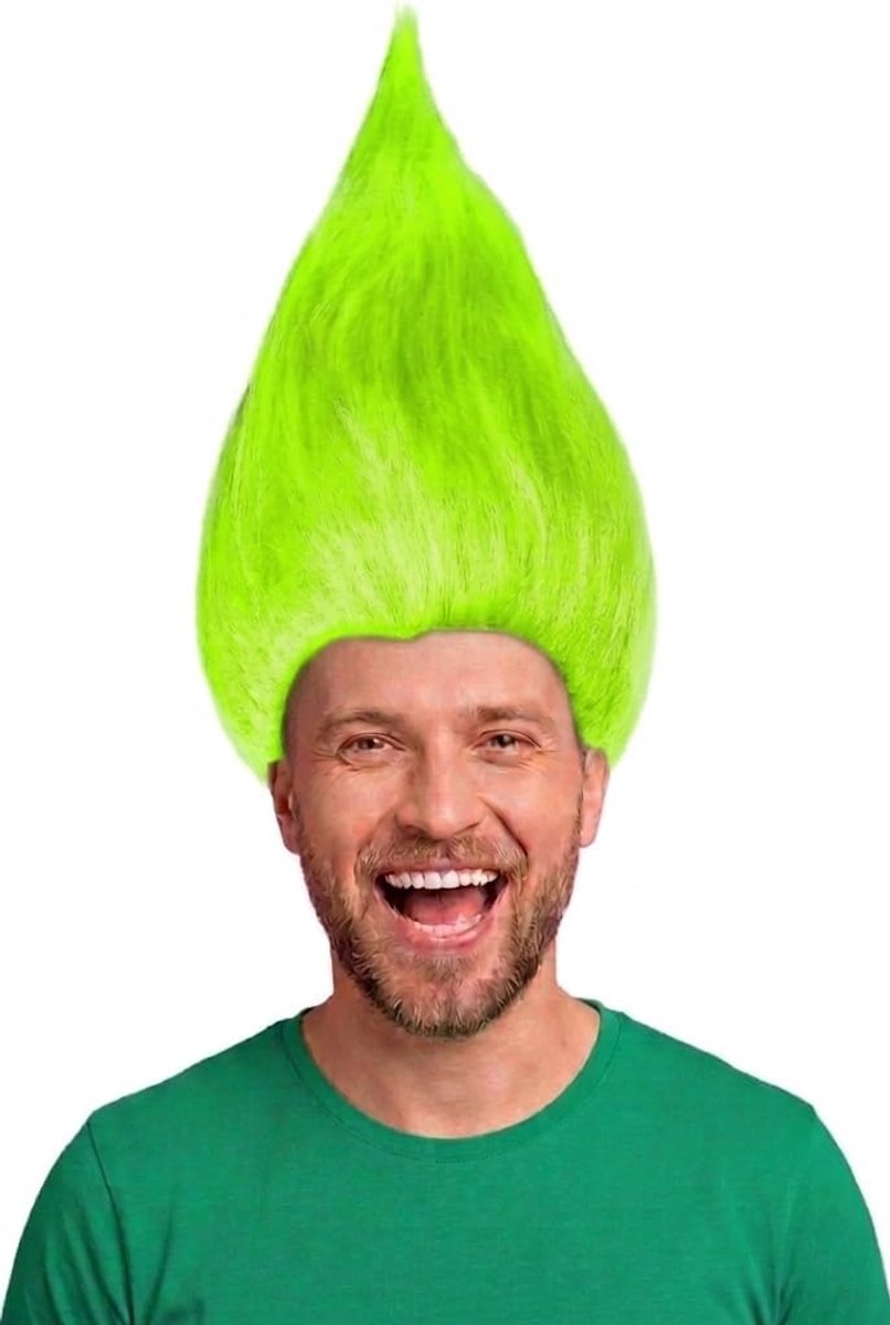Trollenpruik voor kinderen meisjes & jongens in roze, turquoise en groen als aanvulling op het Trollenkostuum bij thema- en carnaval (Groen)