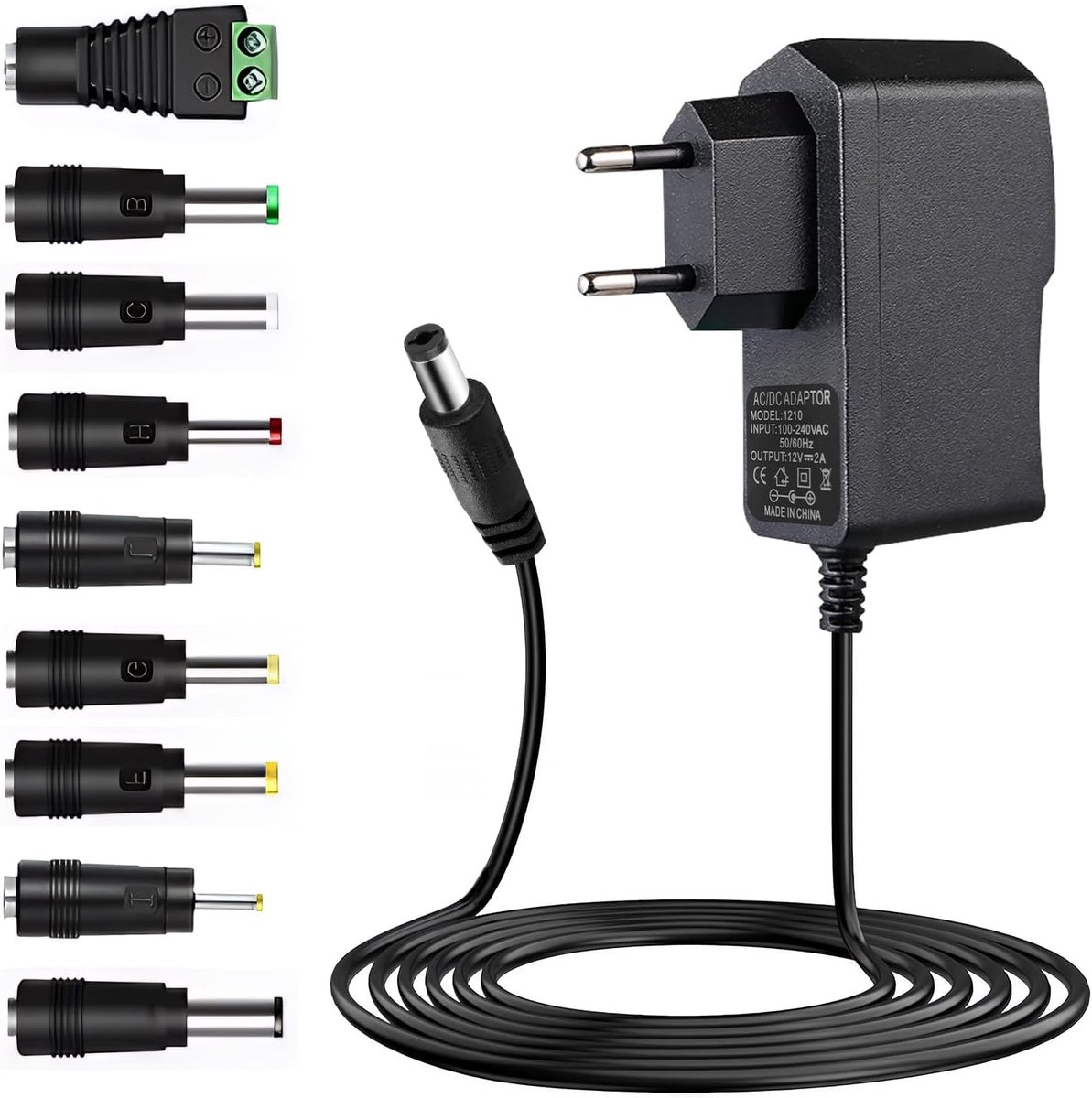 12 V, 2 A, AC naar DC, universeel, transformator | Met 9 DC-aansluitingen, stroomvoorziening 100-240 V, 50-60 Hz, voor router, lichtstrip, camera, tablet, scanner, tv-box