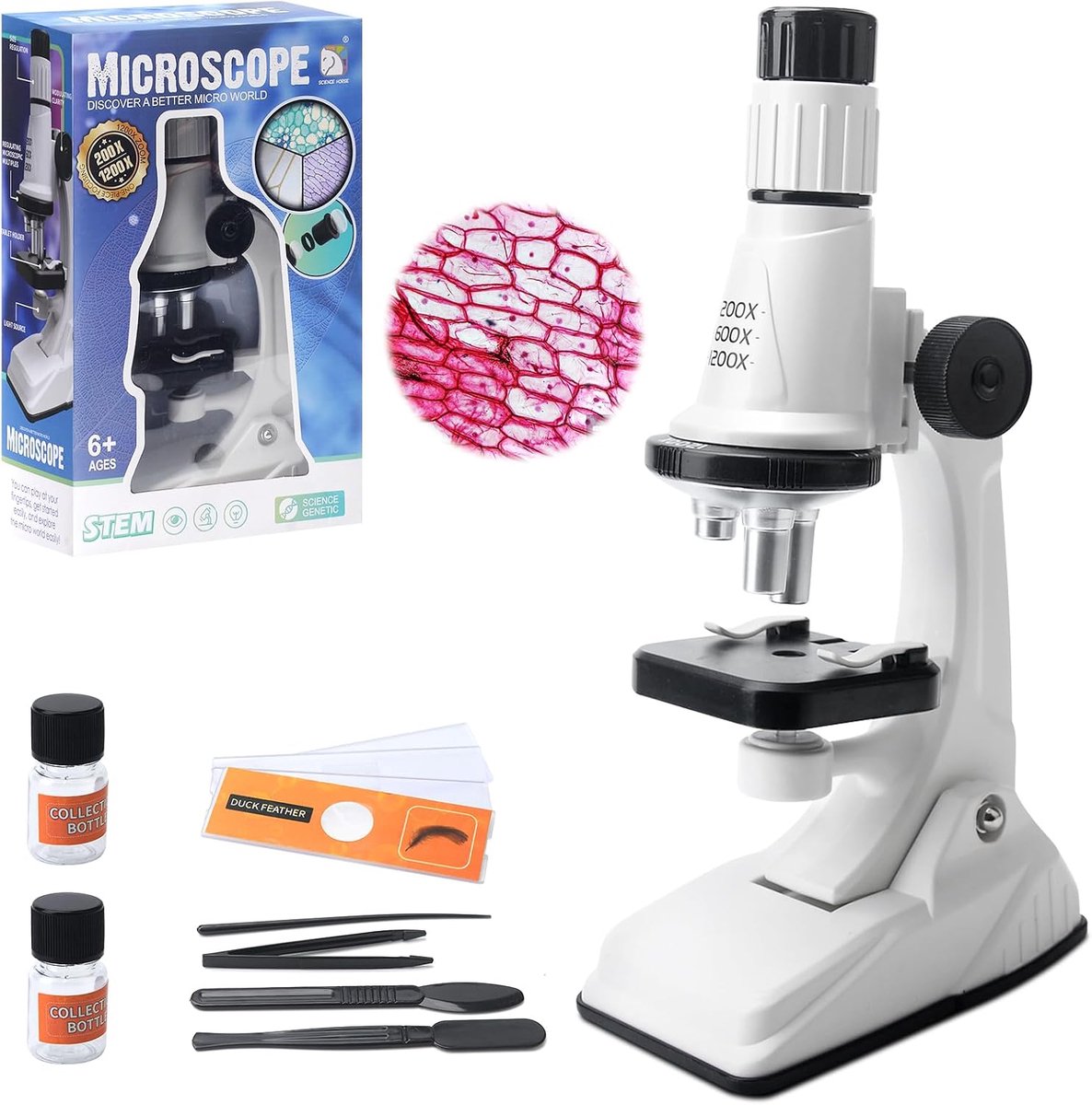 Microscoop voor kinderen, 200 x 1200 x vergroting, experimenteel pedagogisch speelgoed, draagbare microscoopset, wetenschappelijke experimenteerset voor schoollaboratorium, thuis, jongens en meisjes