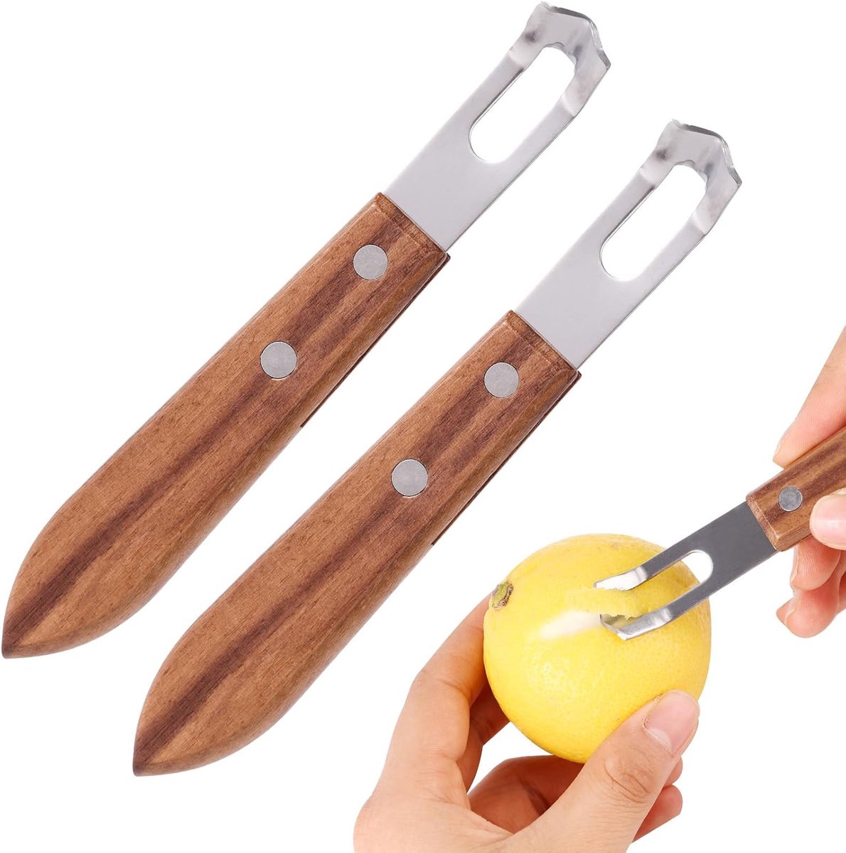2st Citroenschiller, 14x2cm Roestvrij Staal Houten Citrusschiller Moeiteloos Kanaalmes Praktisch Schiller voor Pomelo Limoen Grapefruit Sinaasappel Citroen