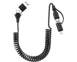aceyoon 4-in-1 multi-opgerolde kabel, USB C opgerolde kabel kort QC3.0 USB C snellaadkabel en datakabel, Type C/A naar Lightning, Type C/A naar C voor iPhone, voor Galaxy, voor Huawei