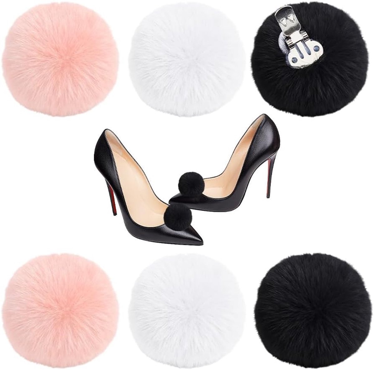 6 stuks pompon schoenclips 3 stijlen afneembare handgemaakte bont schoenclip pluizig zwart wit roze pompons decoratie voor hoge hakken dames laarzen hoed platte schoenen kleding handtas