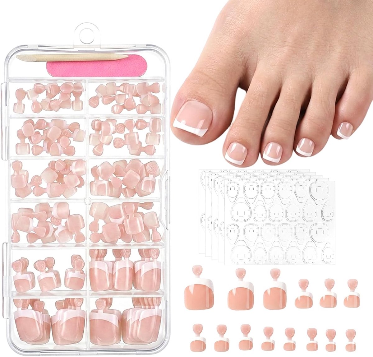 Press-on teennagels voor vrouwen, Franse tips Press-on nagels met lipjes, 120 stuks vierkante nepteennagels, zomerroze volledige dekking teennagels Press-on
