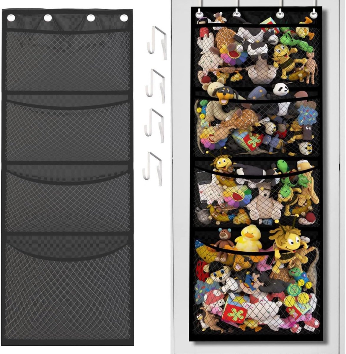 Hangende opslag voor pluche dieren, pluche opslag voor kinderen, pluche net om op te hangen met 4 zakken, deurorganizer voor speelgoed, deuropslag voor badkamer, slaapkamer