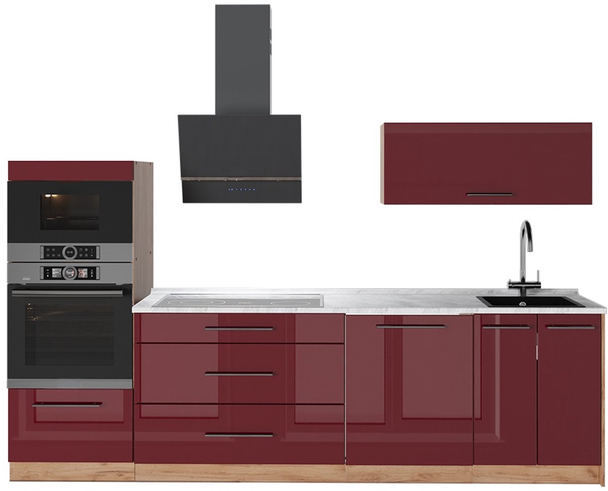 Vicco Complete keukeneenheid Fame-Line, Bordeauxrode hoogglans/Goudkleurig Eiken, 280 cm, WB Marmer