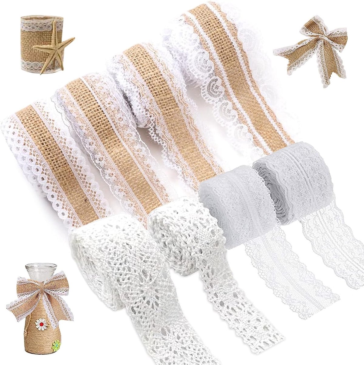 8 rollen jute lint, natuurlijke juteband kanten band (4 jute band met kant + 4 kanten lint wit vintage) vintage decoratie bruiloft, zelfklevende kantband decoratie voor verjaardag bruiloft feest